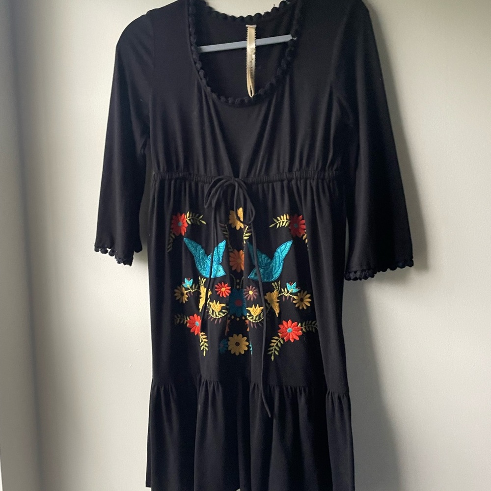 Uncle Frank Embroidered Dress With Detailed Hem Knee Length Women's Black Fringe